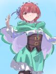  1girl blue_background blush breasts coat commentary dress from_below green_coat green_dress highres looking_at_viewer ram_(re:zero) re:zero_kara_hajimeru_isekai_seikatsu red_eyes red_hair simple_background small_breasts solo upper_body user_uwpa7757 