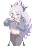  1girl absurdres ahoge alternate_costume bilingual_commentary black_horns blue_archive blush breasts commentary cowboy_shot cropped_hoodie demon_girl demon_horns demon_wings english_commentary groin halo heart heart_hands highres hina_(blue_archive) hood hood_down hoodie horns long_hair looking_at_viewer low_wings mixed-language_commentary multiple_horns navel pants parted_bangs purple_eyes revision runarie signature simple_background small_breasts solo tongue tongue_out very_long_hair white_background white_hair wings yoga_pants 