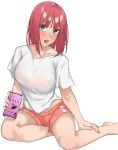  1girl barefoot blue_eyes blush breasts can collarbone commentary_request covered_nipples drink_can fingernails foot_out_of_frame go-toubun_no_hanayome hand_on_own_ankle holding holding_can large_breasts long_fingernails looking_at_viewer medium_hair nail_polish nakano_nino no_bra open_mouth pink_nails pink_shorts ran_maru red_hair shirt short_shorts short_sleeves shorts simple_background sitting solo t-shirt wet wet_clothes wet_shirt white_background white_shirt 