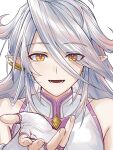  1boy baiqiee bare_shoulders chinese_commentary commentary_request earrings eyes_visible_through_hair fingerless_gloves gloves highres iris_(roco_kingdom:_world) jewelry long_hair looking_at_viewer male_focus multicolored_hair open_mouth pointy_ears reaching reaching_towards_viewer roco_kingdom roco_kingdom:_world smile solo white_background white_gloves white_hair yellow_eyes 