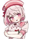  1girl :d bead_bracelet beads blush bracelet commentary_request creature double_horizontal_stripe egg_loveforever frilled_sleeves frills hat highres holding holding_creature jewelry looking_at_viewer nijisanji omochiina open_mouth pink_eyes pink_hair pink_hat pink_sailor_collar sailor_collar school_uniform serafuku shiina_yuika shiina_yuika_(7th_costume) shirt short_hair short_sleeves simple_background smile solo swept_bangs upper_body virtual_youtuber white_background white_shirt 