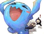  ! >_< arms_up blue_skin colored_skin commentary_request highres no_humans one-eyed open_mouth panha pokemon pokemon_(creature) pokemon_focus standing tail unown unown_a white_background wobbuffet 
