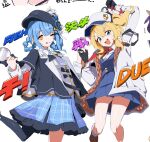  2girls :d astral_party asymmetrical_legwear bag bird_hat_ornament black_bag black_bow black_bowtie black_capelet black_gloves black_hat black_pantyhose blonde_hair blue_dress blue_hair blue_necktie blue_skirt bow bowtie braid braided_hair_rings brown_shoes capelet character_request collared_shirt contrast_collar copyright_request crossbody_bag crossed_bangs deerstalker dress fanny_(astral_party) frilled_skirt frills furrowed_brow gloves grey_vest hair_between_eyes hair_bow hair_rings hat hat_bow holding holding_hands holding_magnifying_glass intercom jacket layered_skirt long_sleeves magnifying_glass mahou_shoujo_no_majo_saiban multiple_girls necktie one_eye_closed open_mouth pantyhose plaid_clothes plaid_skirt red_necktie shirt shoes short_hair single_leg_pantyhose skirt smile socks tachibana_sherry tongue tongue_out translation_request uni_gyoza v-shaped_eyebrows vest white_background white_hat white_jacket white_shirt white_socks yellow_eyes yuri 