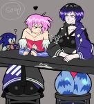  1boy 2girls ? animal_print annoyed arrow_(symbol) ass ass_comparison bare_shoulders bat_print black_choker black_hair black_nails blue_fur blue_pantyhose breast_envy breasts choker clothing_cutout commentary company_connection confused cosplay costume_switch crossover darkstalkers detached_sleeves diamond_cutout english_commentary english_text envy furry furry_female furry_male gloves grey_background grey_eyes highleg highres jacket jealous leotard lilith_(darkstalkers) looking_at_another looking_at_breasts medium_breasts multicolored_hair multiple_crossover multiple_girls open_clothes open_jacket pantyhose pink_hair print_pantyhose purple_hair red_leotard reina_(tekken) short_hair sitting smile smug sonic_(series) sonic_the_hedgehog stool strapless superguy551 table tekken tekken_8 thick_thighs thighs trait_connection 
