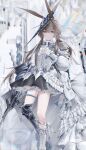 1girl absurdres amiya_(arknights) amiya_(guard)_(arknights) amiya_(guard)_(in_a_myriad_of_universes)_(arknights) animal_ears arknights armor asymmetrical_footwear black_skirt blue_eyes brown_hair center_frills dress foot_out_of_frame frills greaves hat high-low_dress highres holding holding_sword holding_weapon jewelry long_hair looking_at_viewer mismatched_boots mismatched_footwear official_alternate_costume polymer0 rabbit_ears rabbit_girl ring shirt single_armored_boot single_couter single_greave single_vambrace skirt solo standing sword vambraces weapon white_dress 