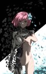  android black_background blue_flower chinese_commentary commentary_request crying cytus cytus_ii disintegration exposed_internal_machinery flower hair_flower hair_ornament heterochromia highres metal_skin no_genitals petals pink_hair reaching reaching_towards_viewer red_eyes short_hair skin_seams two-tone_background vanessa_(cytus_ii) white_background white_eyes xuedingedeqianbao47787 