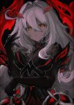  1girl absurdres arm_support aura black_background black_dress black_gloves breasts closed_mouth commentary_request dark_aura dress empty_eyes eyelashes flower-shaped_pupils genshin_impact gloves grey_hair hair_between_eyes hand_up highres large_breasts long_hair long_sleeves looking_at_viewer orange_eyes pale_skin ronova_(genshin_impact) sato_0204 sidelocks simple_background solo symbol-shaped_pupils upper_body very_long_hair wavy_hair 