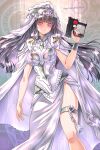  1girl absurdres anatolia_(fire_emblem) black_hair blush breasts cape closed_mouth commentary_request dress fire_emblem fire_emblem:_fortune's_weave frown gun handgun highres holding holding_gun holding_weapon large_breasts long_hair looking_at_viewer purple_eyes salamander_(fire_emblem) side_slit solo thigh_strap wade_(njud8343) weapon white_cape white_dress white_headdress 