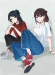  2girls absurdres bang_dream! bang_dream!_it's_mygo!!!!! black_choker black_hair black_pants blue_eyes blue_pants bracelet brown_hair choker closed_mouth commentary grey_background grey_shoes half_updo highres jewelry long_hair looking_at_viewer medium_hair multiple_girls necklace pants purple_eyes rankaku red_shirt red_shoes shiina_taki shirt shoes sitting socks untranslatable_commentary white_shirt white_socks yahata_umiri 