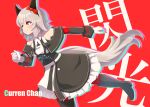  1girl absurdres animal_ears bare_shoulders black_boots black_hairband blush boots bow breasts character_name coat commentary curren_chan_(fille_eclair)_(umamusume) curren_chan_(umamusume) dress ear_bow ear_covers gloves grey_hair grin hairband highres horse_ears horse_girl horse_tail long_sleeves mashiroken07 medium_breasts off-shoulder_coat off-shoulder_dress off-shoulder_jacket off_shoulder open_mouth purple_eyes red_background red_bow red_thighhighs running short_hair simple_background smile solo striped_clothes striped_dress tail thighhighs umamusume vertical-striped_clothes vertical-striped_dress white_gloves 