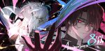  1boy 1girl ahoge black_background black_hair black_shirt blue_eyes closed_mouth collar collared_shirt english_text epic_seven gloves glowing glowing_eyes hair_between_eyes hair_ornament hairclip half-closed_eyes highres jewelry kayron_(epic_seven) leaning_back long_hair looking_at_viewer reaching reaching_towards_viewer red_eyes salome_(epic_seven) shirt short_hair smile white_hair 