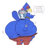  anthro avian beak big_butt bird blue_body butt clothed clothing falco_lombardi huge_butt hyper hyper_butt looking_at_viewer looking_back male nintendo pantheradraws simple_background solo solo_focus star_fox thick_thighs video_games 