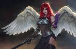  1girl angan_kelana angel_wings armor blue_eyes breastplate claws gloves highres holding holding_sword holding_weapon long_hair looking_at_viewer original plate_armor red_hair red_lips solo standing sword weapon white_wings wings 