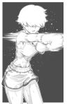  1girl abs black_background boxing boxing_gloves boxing_shorts commentary_request gloves greyscale hair_over_eyes highres midriff monochrome original punching rggr short_hair shorts simple_background solo standing sweat 