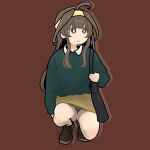  1girl ahoge alternate_costume bag brown_background brown_footwear brown_hair brown_skirt double_bun green_sweater hair_bun hairband highres kantai_collection kongou_(kancolle) long_hair looking_to_the_side purple_eyes shoes simple_background skirt solo squatting sweater takeda_yuuta translation_request upskirt yellow_hairband 