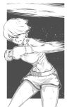  1girl abs black_background boxing boxing_gloves boxing_shorts commentary_request gloves greyscale highres looking_at_viewer midriff monochrome original punching rggr serious short_hair shorts simple_background solo standing sweat 
