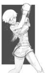  1girl abs black_background boxing boxing_gloves boxing_shorts commentary_request gloves greyscale highres looking_at_viewer midriff monochrome original punching rggr serious short_hair shorts simple_background solo standing sweat uppercut 