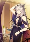  1girl absurdres animal_ears arknights arm_up bangs bare_arms bare_shoulders black_dress commentary_request cowboy_shot dress grey_eyes grey_hair hair_between_eyes hair_ornament hairclip highres indoors jiusan_naitan lappland_(arknights) long_hair looking_at_viewer smile solo standing very_long_hair wolf_ears 