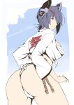  1girl ass from_behind fundoshi happi headgear highres japanese_clothes kantai_collection looking_at_viewer parted_lips purple_hair short_hair solo taira_yuuki tenryuu_(kancolle) yamakasa yellow_eyes 