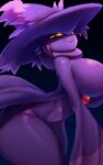  2022 absurd_res bite biting_lip biting_own_lip breasts digital_media_(artwork) faejunkie female generation_4_pokemon hi_res looking_at_viewer mismagius nintendo pokemon pokemon_(species) self_bite simple_background solo thick_thighs video_games yellow_sclera 