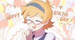  1girl arikindows10 artist_name blush closed_eyes dated freckles glasses hairband happy happy_birthday little_witch_academia lotte_jansson luna_nova_school_uniform open_mouth orange_hair school_uniform short_hair signature simple_background smile solo upper_body 