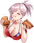  1girl :t absurdres american_flag_bikini bikini bikini_under_clothes breasts burger closed_mouth cropped_torso earrings eating fate/grand_order fate_(series) flag_print food highres hot_dog jewelry large_breasts leaf maple_leaf miyamoto_musashi_(fate) miyamoto_musashi_(swimsuit_berserker)_(second_ascension)_(fate) pink_hair ponytail queasy_s red_shirt shirt solo swimsuit transparent_background upper_body 