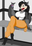  absurd_res anthro big_breasts black_hair bone breasts canid canine cellphone clothing female hair hi_res legwear looking_at_viewer mammal phone prison_uniform prisoner samrunner scp-1471 scp-1471-a scp_foundation skull skull_head small_waist solo thick_thighs thigh_highs waist 