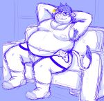  2022 anthro armpit_hair belly big_belly body_hair bovid bovine cattle clothing controller furniture game_controller hi_res male mammal moobs overweight overweight_male sitting sketch sofa solo syrup_burr tongue tongue_out underwear 