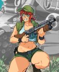  1girl baseball_cap belt black_wristband boots breasts clenched_teeth collarbone combat_boots cropped_jacket cropped_shirt english_commentary finger_on_trigger fio_germi full_body glasses grass green_footwear green_headwear green_jacket green_shorts ground_vehicle gun hat highres hip_vent holding holding_gun holding_weapon jacket kneeling large_breasts looking_to_the_side metal_slug midriff military military_vehicle motor_vehicle navel outdoors ponytail pump_action red_hair round_eyewear shirt short_sleeves shorts sidelocks solo squatting sv001_(metal_slug) tank teeth thighhighs wallace_pires weapon white_shirt wristband 