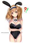  !? 1girl absurdres alternate_costume animal_ears ass_visible_through_thighs bare_legs black_bow black_bowtie black_leotard bow bowtie breasts brown_eyes cleavage cowboy_shot crossed_arms detached_collar hairband highres himura_moritaka i-26_(kancolle) kantai_collection large_breasts leotard light_brown_hair long_hair looking_at_viewer playboy_bunny rabbit_ears solo standing strapless strapless_leotard two-tone_hairband two_side_up 