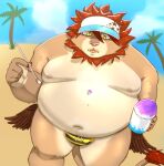  2022 anthro beach belly big_belly clothing dessert felid food happyhyena0 hi_res lifewonders lion male mammal moobs navel nipples outside overweight overweight_male palm_tree pantherine plant seaside shaved_ice solo swimwear tokyo_afterschool_summoners tree vapula_(tas) video_games wings 