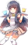  1girl :&lt; absurdres apron ass_visible_through_thighs bangs black_hair blush brown_dress closed_mouth cup dress drink drinking_glass flying_sweatdrops frilled_apron frilled_dress frills garter_straps hands_up highres holding holding_tray idolmaster idolmaster_cinderella_girls idolmaster_cinderella_girls_starlight_stage long_hair looking_at_viewer maid_apron maid_headdress motion_lines panties pleated_dress puffy_short_sleeves puffy_sleeves red_eyes sajo_yukimi short_sleeves simple_background solo striped striped_panties sweat thighhighs tray umberblack underwear very_long_hair white_background white_thighhighs 