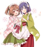  2girls adapted_costume apron bell breasts checkered_clothes checkered_kimono commentary_request floral_print frilled_apron frills green_skirt hair_bell hair_ornament hieda_no_akyuu highres japanese_clothes kimono long_sleeves maid_headdress motoori_kosuzu multiple_girls oni_tama open_mouth orange_hair parted_lips purple_eyes purple_hair red_eyes red_sash red_skirt sash skirt small_breasts teeth touhou two_side_up upper_teeth waist_apron white_apron wide_sleeves yellow_kimono 