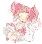  1girl :d absurdres chibi closed_eyes full_body gloves highres hitode kaname_madoka kyubey magical_girl mahou_shoujo_madoka_magica open_mouth pink_footwear pink_hair short_twintails simple_background smile socks twintails white_background white_gloves white_socks 
