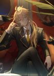  1boy aether_(genshin_impact) alternate_costume alternate_hairstyle blonde_hair crossed_legs earrings genshin_impact ha_ze highres jewelry looking_at_viewer male_focus necktie red_necktie single_earring solo uniform yellow_eyes 