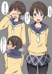  1girl blue_eyes blush brown_hair cardigan commentary_request grey_hair hair_between_eyes highres neckerchief ngc20701 pantyhose plaid plaid_skirt pleated_skirt saitou_ena school_uniform short_hair skirt straight-on translation_request yurucamp 