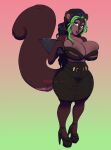  absurd_res anthro big_breasts bimbo_lip bimbofication bitesize bitesize_art breasts brown_body clothing female footwear hi_res high_heels mammal rodent sciurid skimpy_dress solo squirrel_tail thick_thighs 