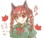  1girl animal_ears breasts cat_ears drill_hair fang fang_out green_shirt heart juliet_sleeves kaenbyou_rin large_breasts long_sleeves looking_at_viewer monrooru pale_skin puffy_sleeves red_eyes red_hair ringlets shirt simple_background slit_pupils smile solo touhou translation_request upper_body white_background 