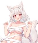  1girl animal_ears blush bound groin inubashiri_momiji looking_at_viewer navel open_mouth red_eyes rururiaru short_hair simple_background solo tail tied_up_(nonsexual) touhou upper_body white_background white_hair wolf_ears wolf_tail 