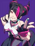  1girl aqua_nails bracelet choker drill_hair fingerless_gloves gloves han_juri jewelry multicolored_hair pink_eyes spiked_bracelet spiked_choker spikes street_fighter street_fighter_6 talgi twin_drills two-tone_hair 