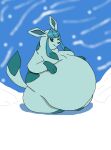  2009 belly big_belly eeveelution female feral fur generation_4_pokemon glaceon hand_on_stomach hectorthewolf hi_res looking_at_viewer nintendo nude obese obese_female obese_feral outside overweight overweight_female overweight_feral pokemon pokemon_(species) raised_tail sitting smile smiling_at_viewer smirk snow snowing solo video_games 