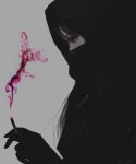  1girl absurdres aoi_ogata bangs black_eyes black_hair black_jacket cigarette commentary english_commentary grey_background highres holding holding_cigarette hood hood_up hooded_jacket jacket long_hair looking_away looking_down mask mouth_mask original profile smoke smoking solo 