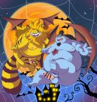  2022 absurd_res anthro balls belly big_belly blue_body censored chibineco detailed_background duo erection felid fish-men_(one_piece) genitals halloween hi_res holidays jinbe kemono male mammal marine minkmen_(one_piece) moobs moon nekomamushi night nipples one_piece outside overweight overweight_male penis wings yellow_body 