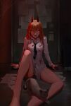  1girl absurdres aj_(user_cdvk2385) animal bangs bare_legs black_necktie blonde_hair blood blood_on_clothes breasts cat cat_stretch chainsaw_man demon_girl demon_horns door feet_out_of_frame hair_between_eyes highres horns knee_up long_hair looking_at_viewer loose_necktie medium_breasts meowy_(chainsaw_man) necktie no_pants open_mouth paper power_(chainsaw_man) red_eyes red_horns sharp_teeth shirt silk sitting solo spider_web stretching teeth thighs white_shirt 
