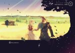  1boy 1girl black_hair blonde_hair couple grass helga_(vinland_saga) leaf long_hair mead_rabbitfoot meadow mountainous_horizon outdoors smile sunlight thors tree viking vinland_saga 