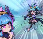  2girls :o attack bare_shoulders black_thighhighs breasts crossbow evelynn_(league_of_legends) facial_mark green_hair league_of_legends long_sleeves looking_at_another medium_breasts multiple_girls official_alternate_costume open_mouth phantom_ix_row pink_eyes ponytail shiny shiny_hair spirit_blossom_evelynn spirit_blossom_vayne teeth thighhighs toeless_legwear upper_teeth vayne_(league_of_legends) whisker_markings 