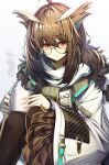 1girl absurdres ahoge arknights bracelet brown_hair closed_mouth coat coffee_mug cup feather_trim feet_out_of_frame glasses green_sweater highres holding holding_cup infection_monitor_(arknights) jewelry long_hair looking_at_viewer mug open_clothes open_coat owl_ears penguin4 red_eyes round_eyewear scarf silence_(arknights) simple_background sitting solo sweater white_background white_coat white_scarf 