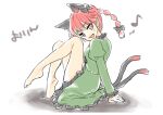 1girl :d animal_ears arm_support barefoot bow braid cat_ears dress extra_ears green_dress kaenbyou_rin knees_up looking_at_viewer monrooru pointy_ears red_eyes red_hair sketch smile solo touhou twin_braids 