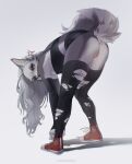  2022 absurd_res annoyed anthro anus armwear artist_name bare_shoulders bent_over bent_over_with_legs_held_straight black_nose bottomwear butt canid canid_demon clothed clothing czerwonya demon elbow_gloves eyebrows eyelashes female fingerless_gloves footwear genitals gloves grey_hair hair handwear hellhound helluva_boss hi_res inner_ear_fluff long_hair looking_at_viewer loona_(helluva_boss) mammal miniskirt pentagram pussy raised_tail rear_view red_sclera shirt shoelaces shoes simple_background skirt sneakers solo tank_top topwear torn_clothing tuft white_background white_eyes 