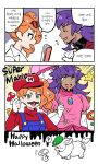  1boy 1girl ? aqua_eyes bad_id bad_twitter_id blush coin cosplay crossdressing dede_(qwea_00000) fake_facial_hair fake_mustache fire_flower foongus gloves hair_ornament halloween hat heart heart_hair_ornament highres holding holding_umbrella leon_(pokemon) mario mario_(cosplay) mario_(series) orange_hair overalls pokemon pokemon_(creature) pokemon_(game) pokemon_swsh princess_peach princess_peach_(cosplay) purple_hair side_ponytail smile sonia_(pokemon) starman_(mario) super_mushroom umbrella yamper yellow_eyes 